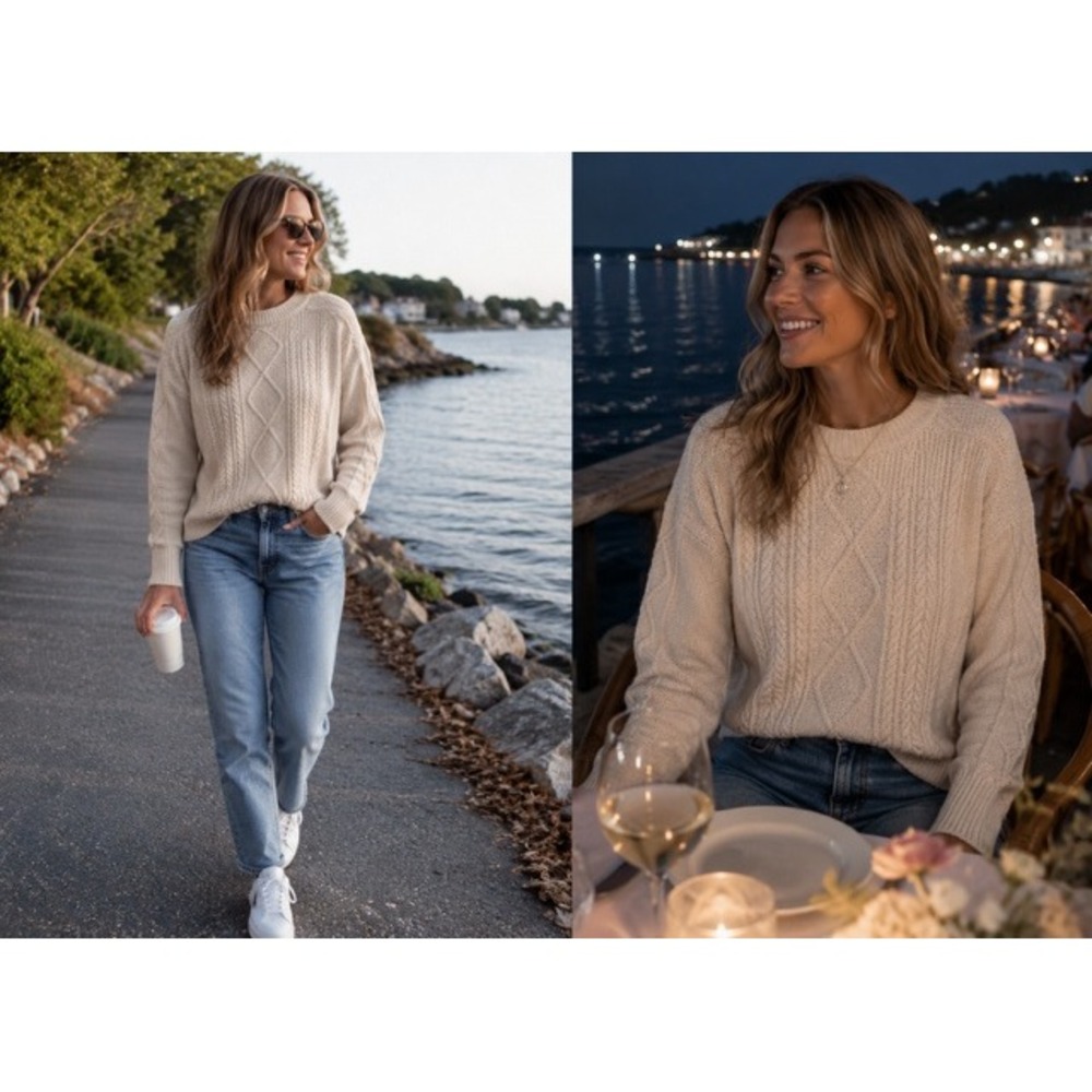 St Johns Bay Womens Cream Cable Knit Crewneck Sweater Size L Boucle Fisherman